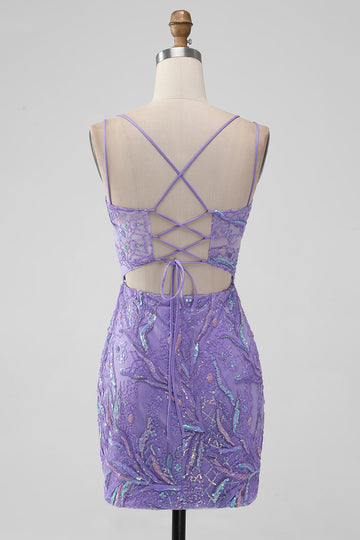 Lila brillante Bodycon Lentejuelas Apliques Apliques Vestido corto de regreso a casa con abertura